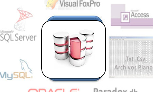 Iconos de diferentes bases de datos y herramientas de desarrollo como SQL y Visual FoxPro
