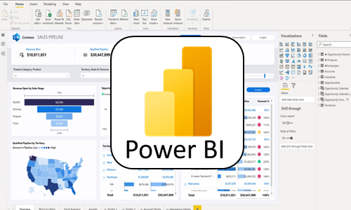 Interfaz de usuario de Microsoft Power BI mostrando visualizaciones de datos y paneles