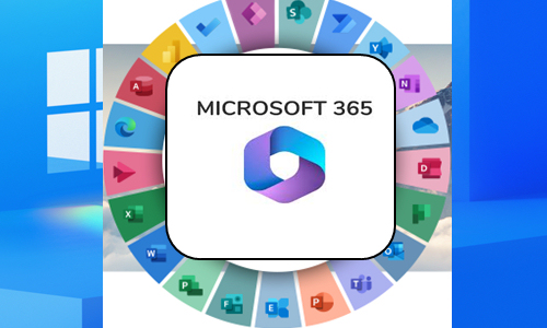 Logo de Microsoft 365 rodeado por iconos de aplicaciones como Word, Excel y PowerPoint