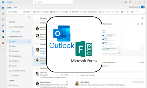 Interfaz de usuario de Microsoft Outlook y Microsoft Forms mostrando la integración de correo y creación de encuestas