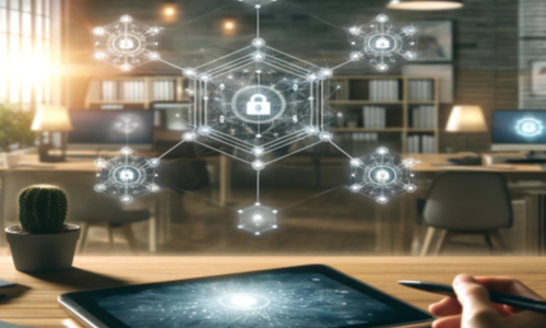 Tableta con gráficos de seguridad cibernética flotantes sobre una oficina moderna