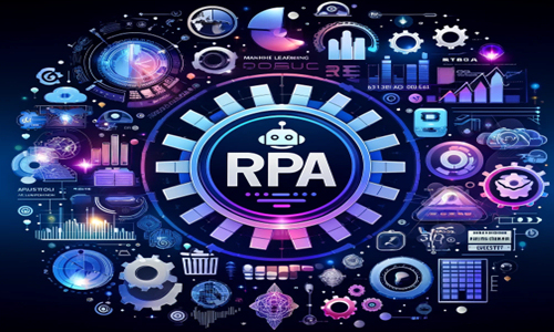 Representación gráfica avanzada del concepto de Automatización de Procesos Robóticos (RPA) con iconos de tecnología y datos.