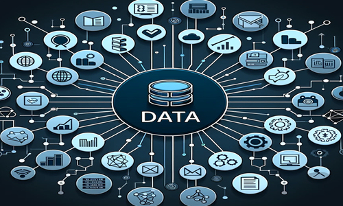 Red de iconos interconectados simbolizando bases de datos y la gestión de la información centralizada en 'DATA'